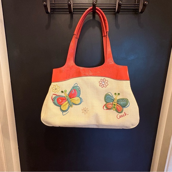 Coach Handbags - Vintage Y2K Coach Lexi Woven Straw Butterfly Purse-  Coral/Orange B1168-F16584